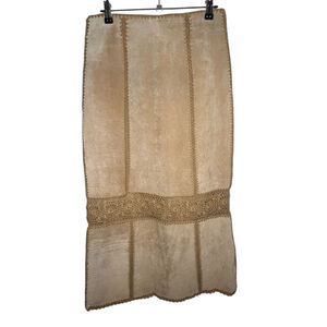 Newport News Tan Suede Boho Leather Midi Skirt With Crochet Trim